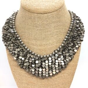 KIEN MODERNIST MERMAID SCALE NECKLACE BIB COLLAR SILVER ANTIQUED METAL STATEMENT
